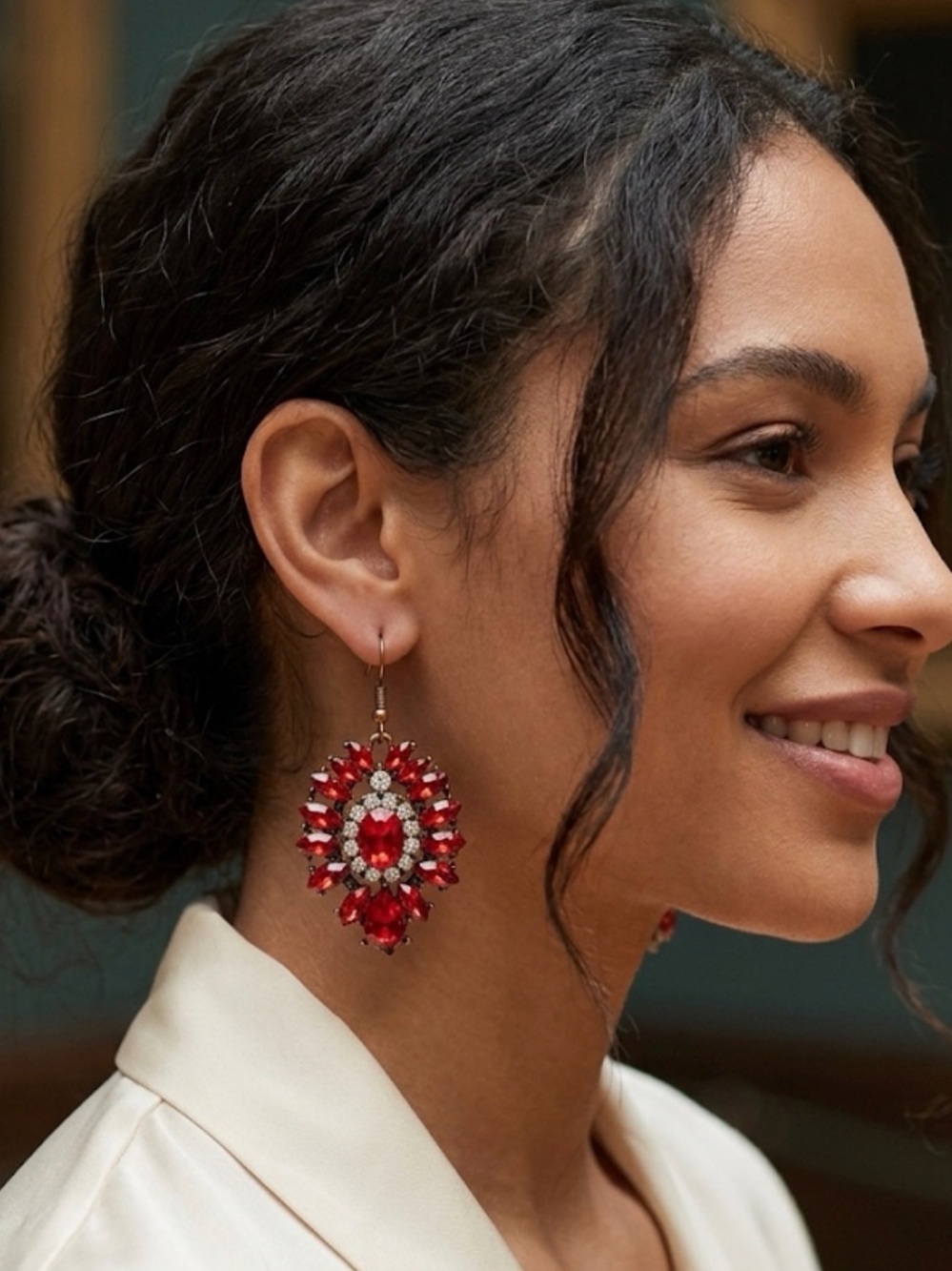 🦔 Red and White Upcycled Vintage Rhinestone Earrings